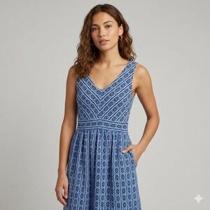 Anthropologie Maeve Blue Ikat Print Midi Dress Womens 8 Sleeveless Boho Beach